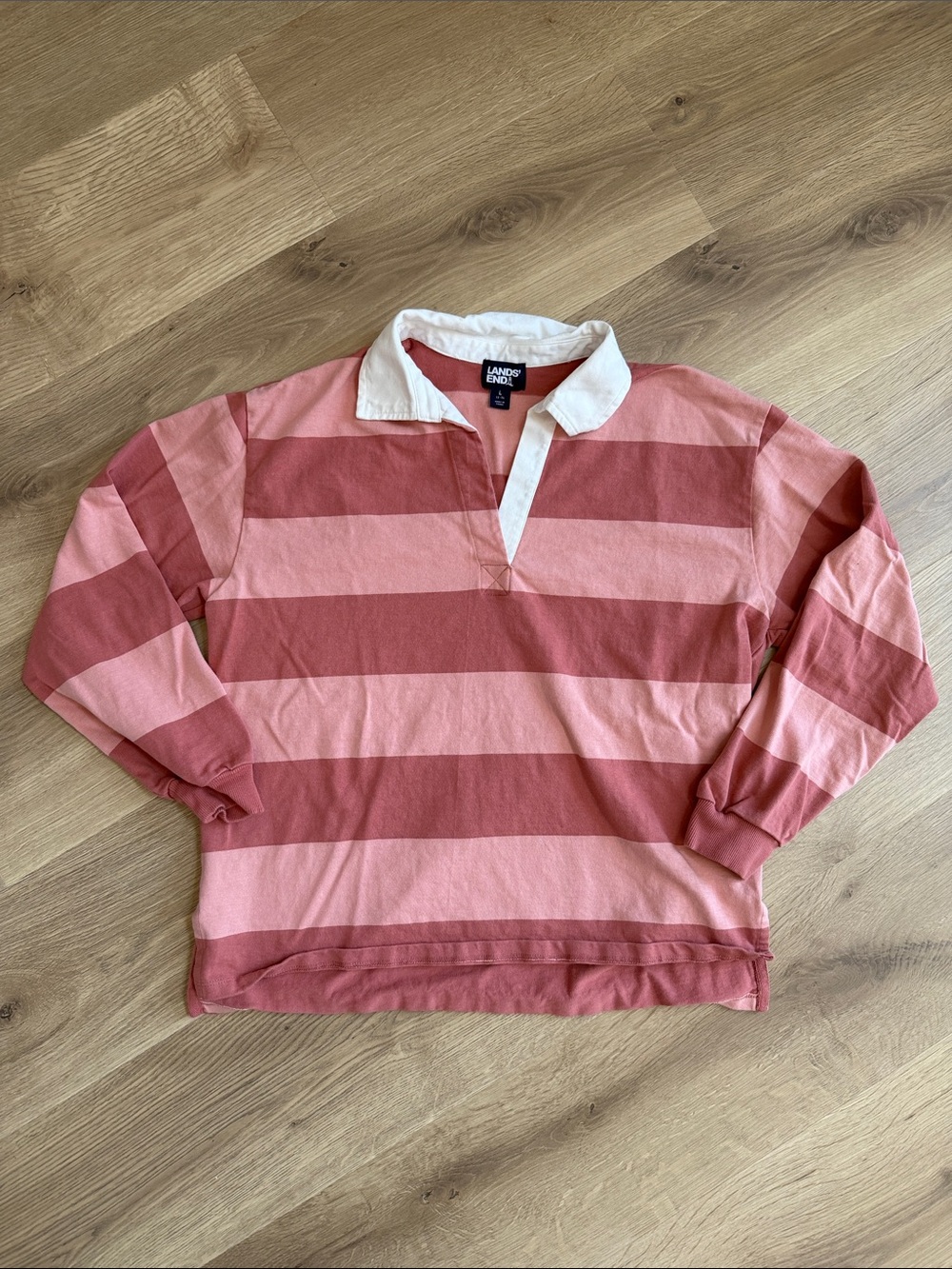 Lands' End Rose and Blush Striped Rugby Pullover